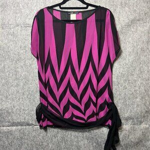 Love Squared Top Medium Sheer Blouse Chevron Black & Purple Short Sleeve